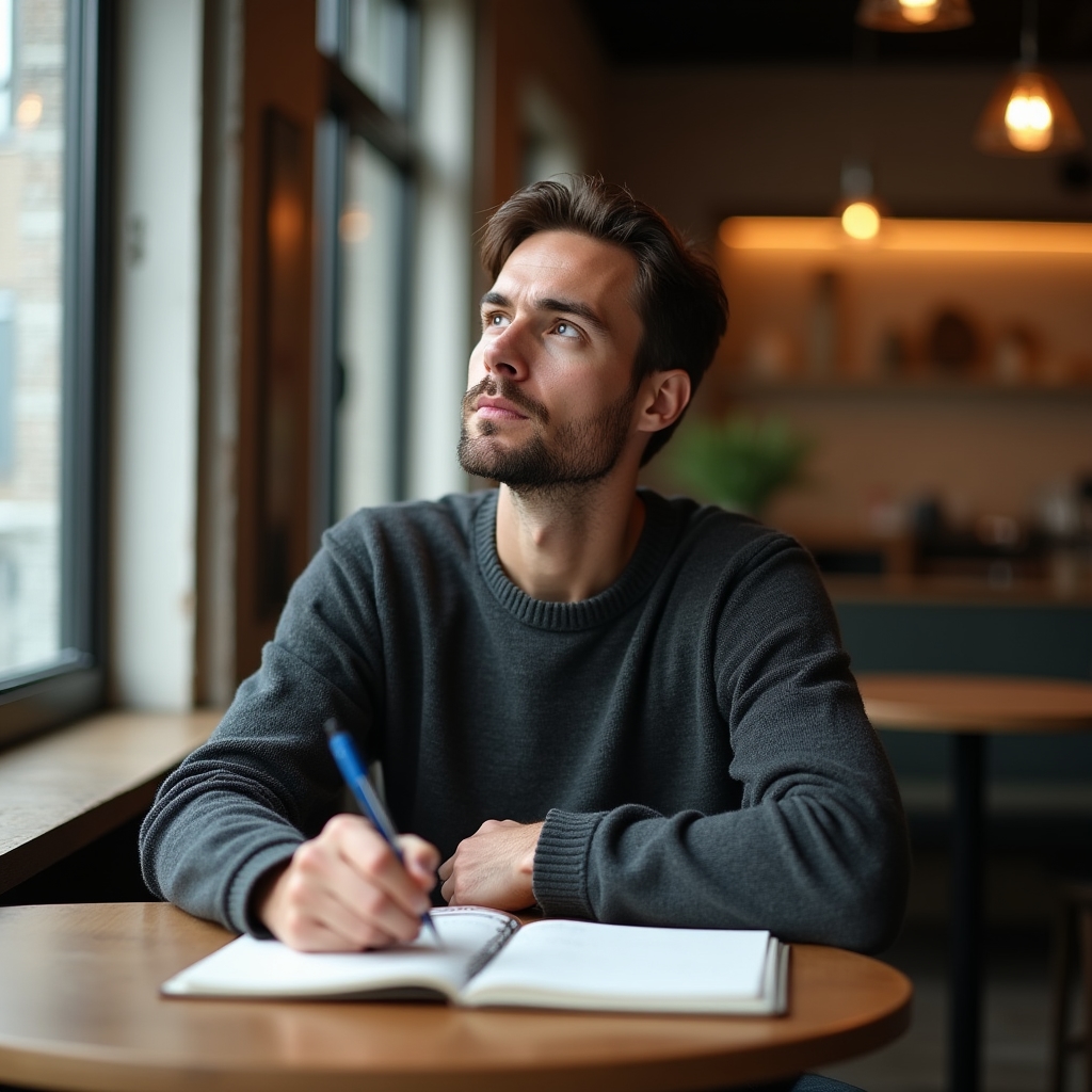 Adult person sitting thoughtfully at a table with a journal, reflecting on financial decisions
