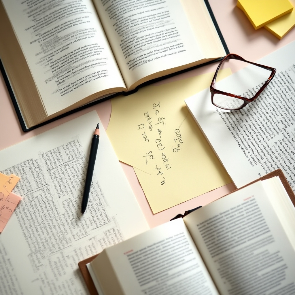Open research books and notes on behavioral economics spread across a clean academic desk