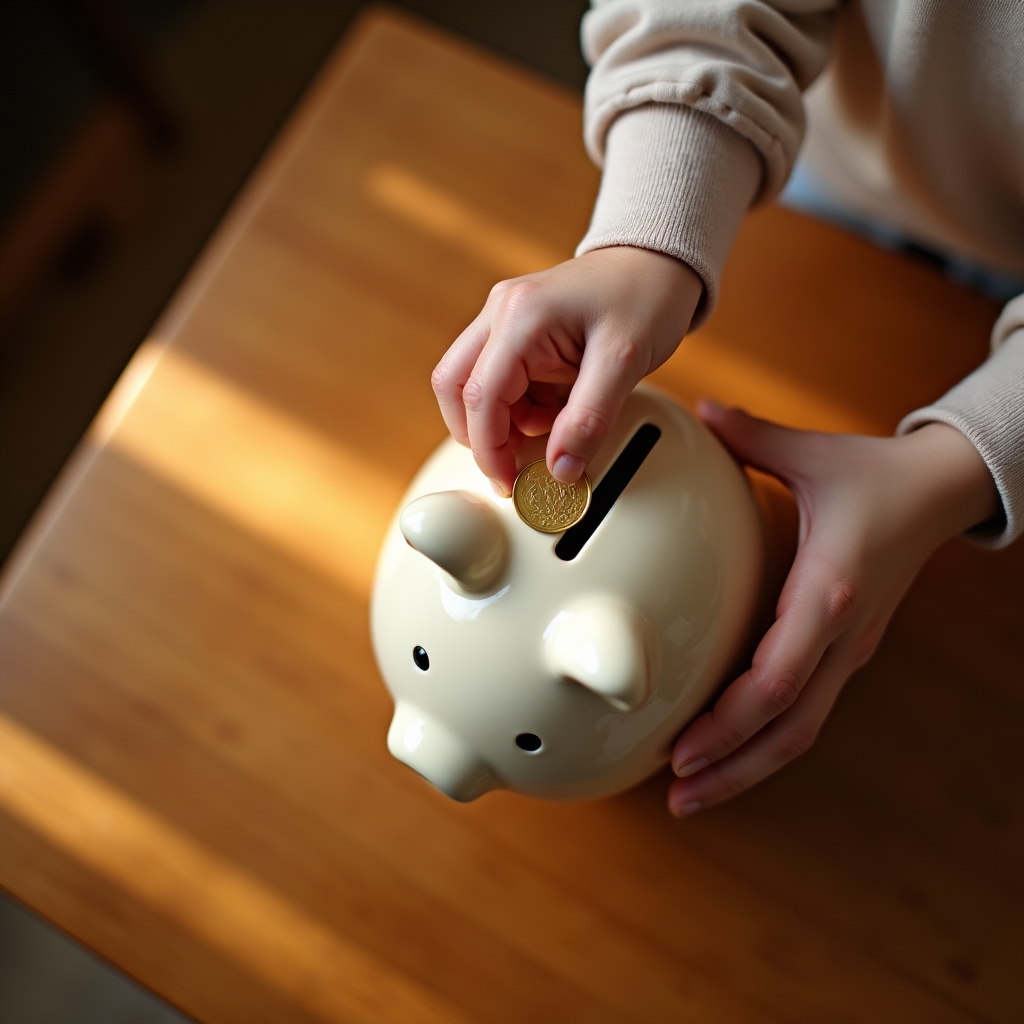Child placing coins into a piggy bank, learning saving habits from a parent