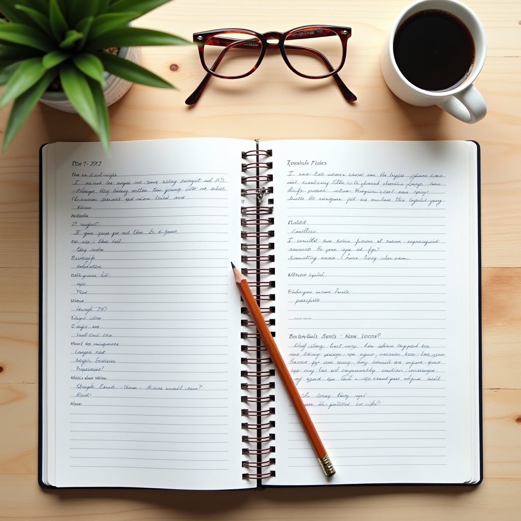 Open workbook with structured exercises and reflective prompts on a clean desk