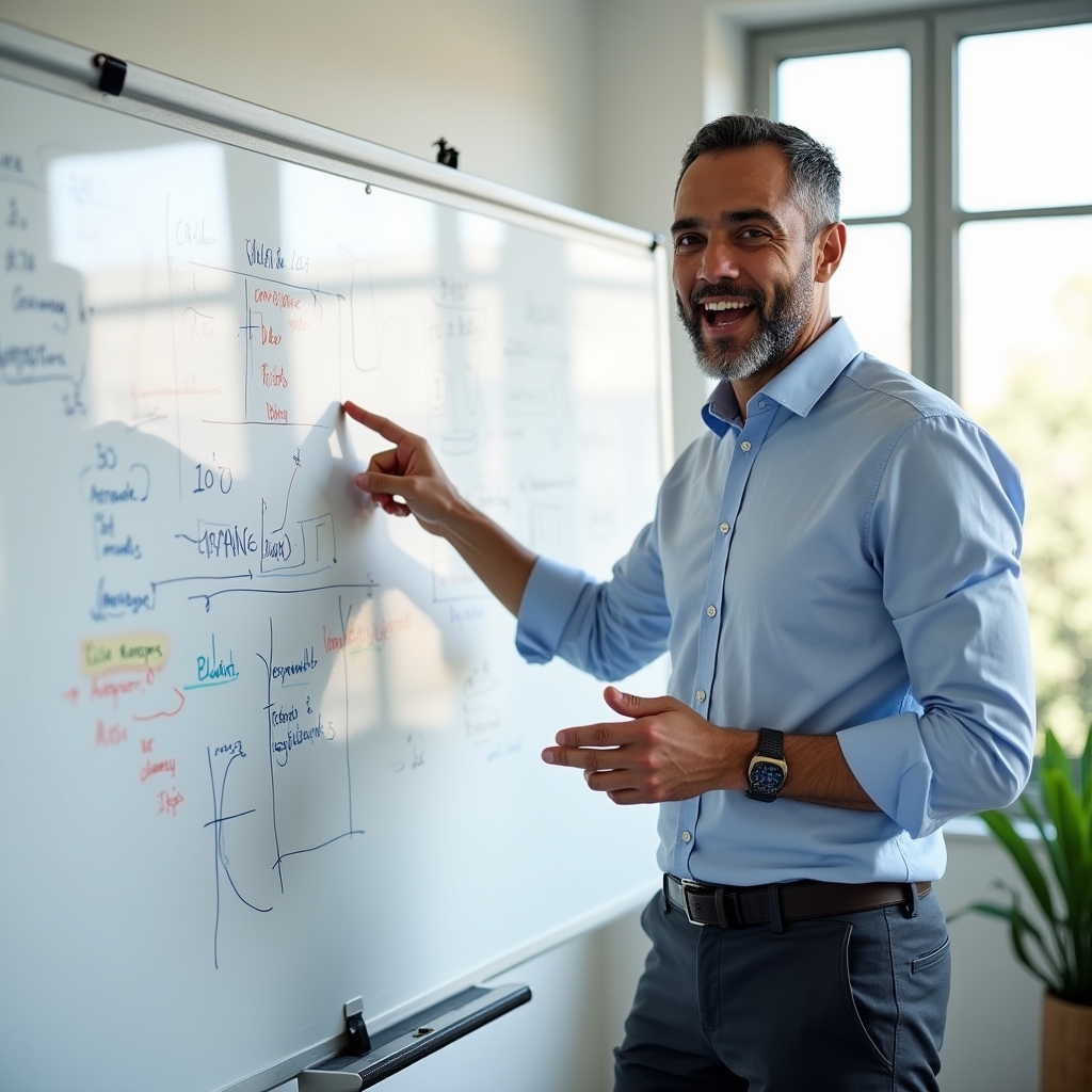 Behavioral researcher in smart casual attire standing by a whiteboard with research notes and diagrams